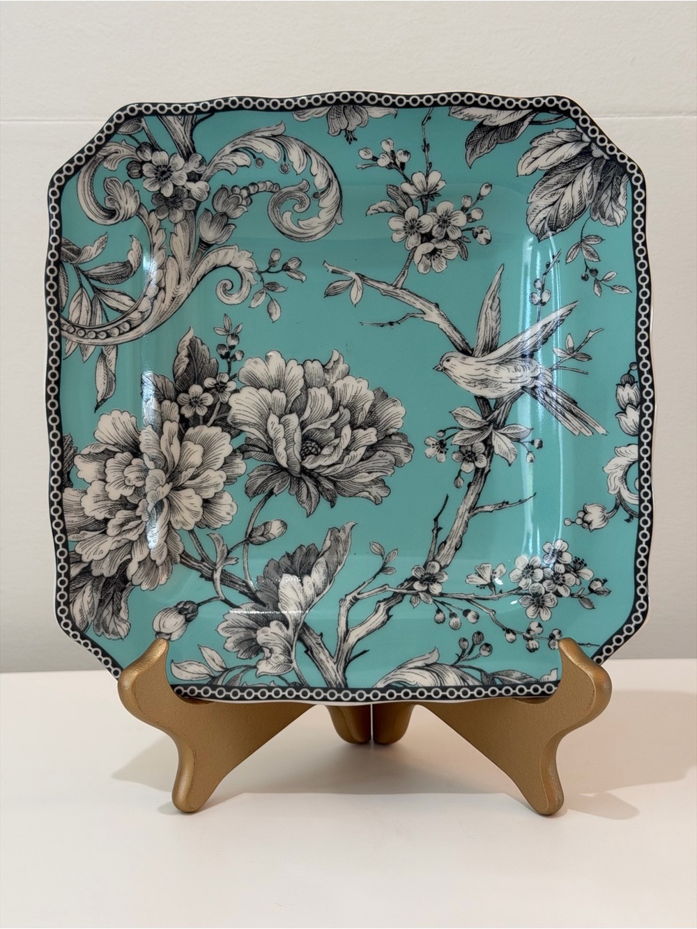 222 Fifth Turquoise Floral Square Salad plates set of 4 NEW w tags
